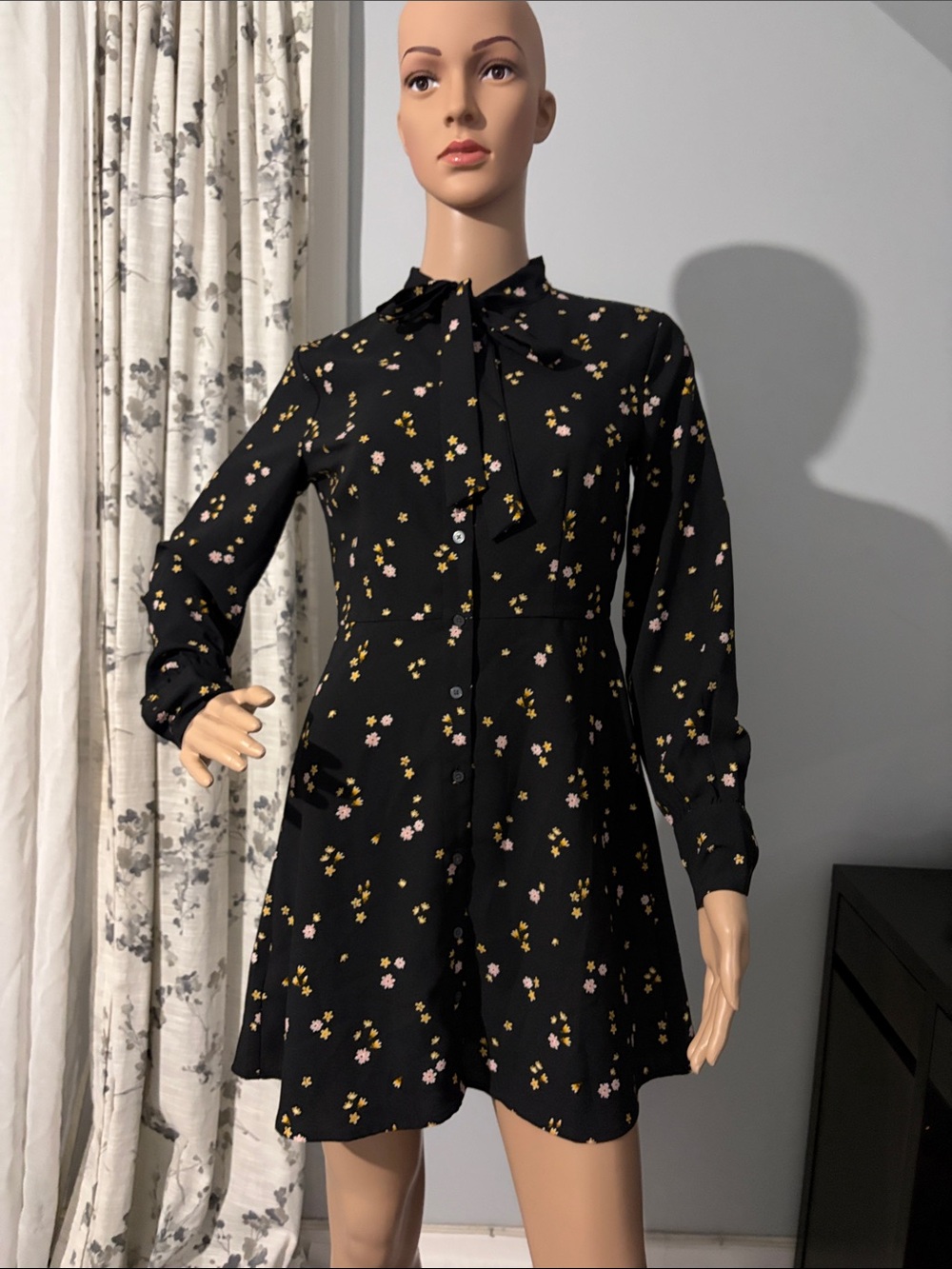 LOFT Black Floral Tie-Neck Long Sleeve Dress